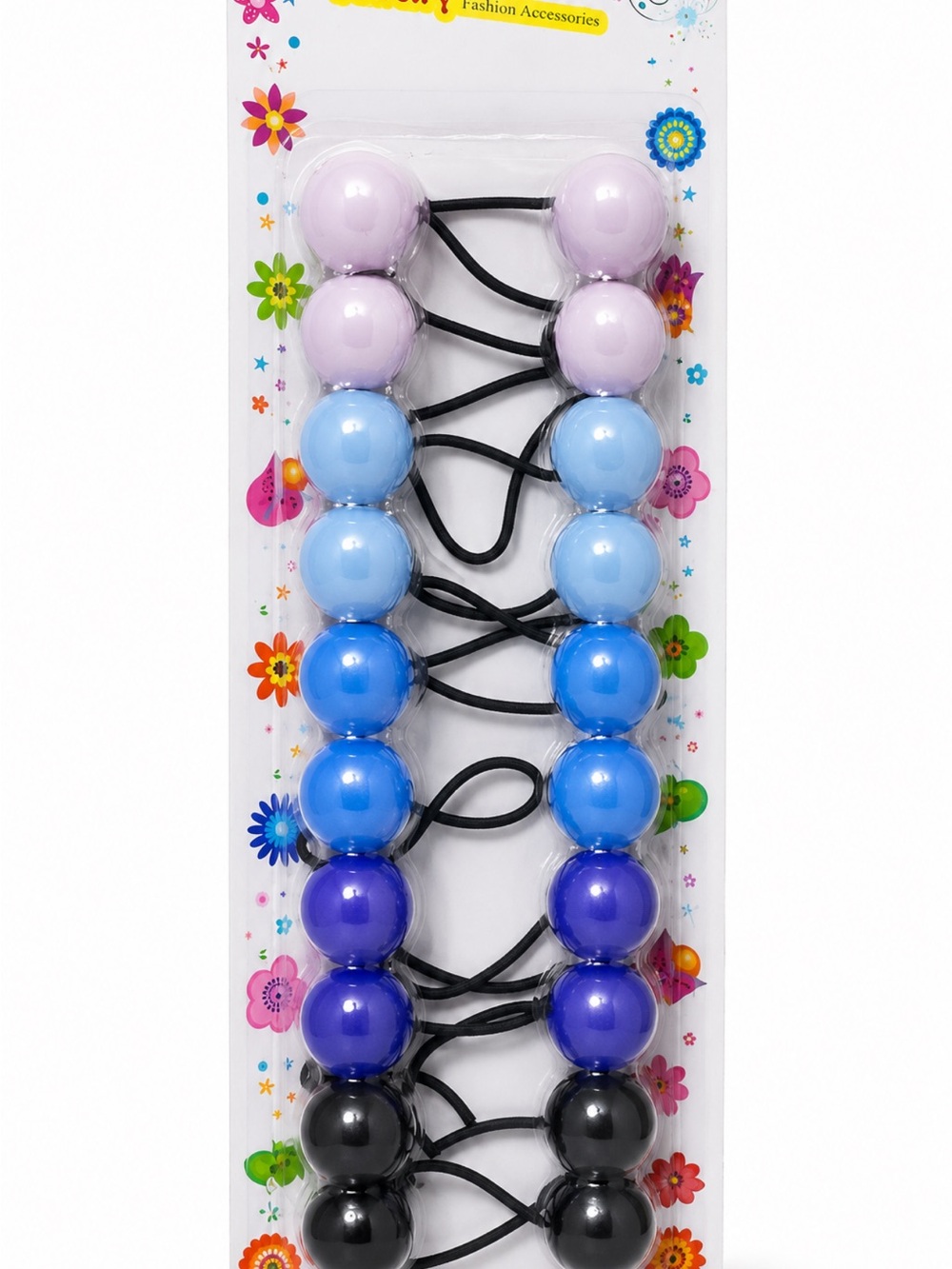 Kids Glossy Bead Hair Ties – Pastel Lilac, Light Blue, Blue, Purple & Black